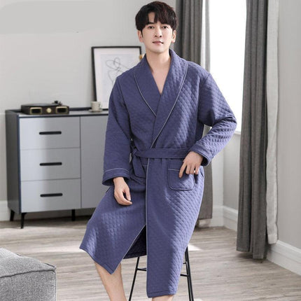 Sophisticated Comfort: Three-Layer Grey Cotton Men's Bathrobe for Winter Relaxation.