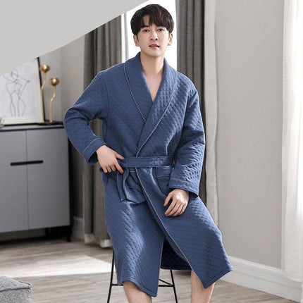 Sophisticated Comfort: Three-Layer Grey Cotton Men's Bathrobe for Winter Relaxation.