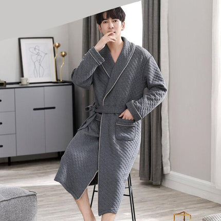 Sophisticated Comfort: Three-Layer Grey Cotton Men's Bathrobe for Winter Relaxation.