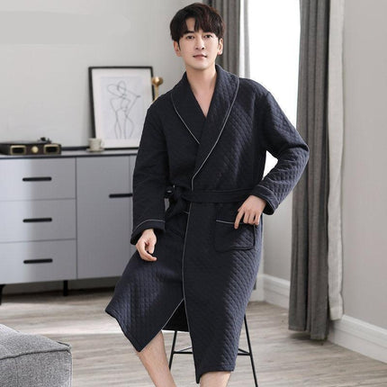 Sophisticated Comfort: Three-Layer Grey Cotton Men's Bathrobe for Winter Relaxation.