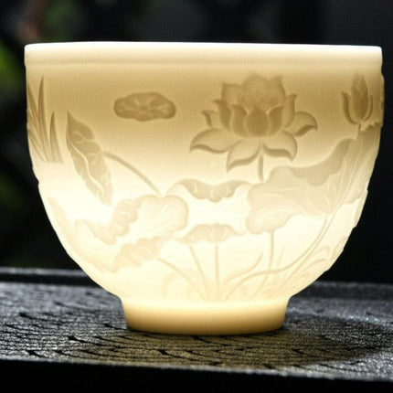 Sophisticated Handcrafted White Porcelain Tea Cup Collection with Unique 3D Relief Detail - Available in 4 Sizes