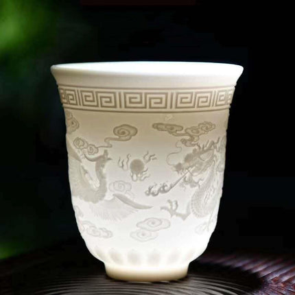 Sophisticated Handcrafted White Porcelain Tea Cup Collection with Unique 3D Relief Detail - Available in 4 Sizes