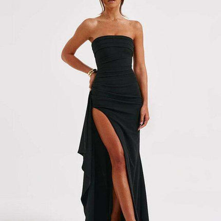 Sophisticated Off-Shoulder High Slit Dress with Elegant Drop Sleeves - Très Elite