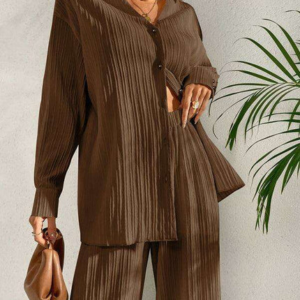 Sophisticated Pleated Blouse with Elegant Wide-Leg Trousers Ensemble for Contemporary Women - Très Elite