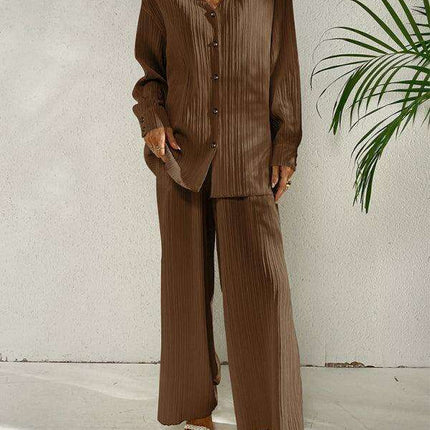 Sophisticated Pleated Blouse with Elegant Wide-Leg Trousers Ensemble for Contemporary Women - Très Elite