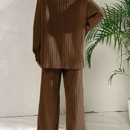 Sophisticated Pleated Blouse with Elegant Wide-Leg Trousers Ensemble for Contemporary Women - Très Elite