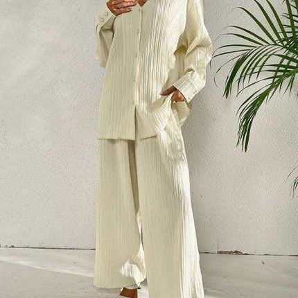 Sophisticated Pleated Blouse with Elegant Wide-Leg Trousers Ensemble for Contemporary Women - Très Elite