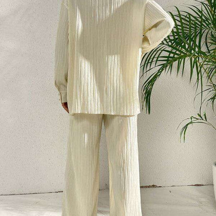 Sophisticated Pleated Blouse with Elegant Wide-Leg Trousers Ensemble for Contemporary Women - Très Elite
