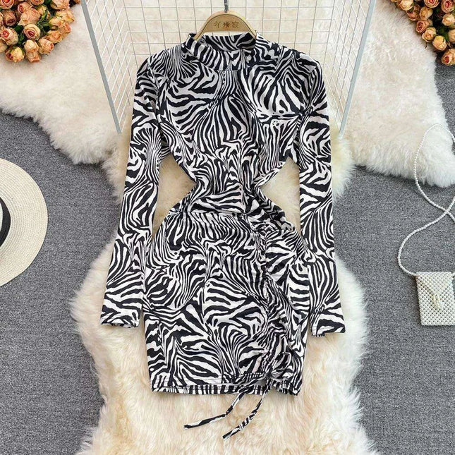 Sophisticated Ruched Leopard Print Bodycon Mini Dress with Elegant Stand Collar - Foamlina Luxe Collection