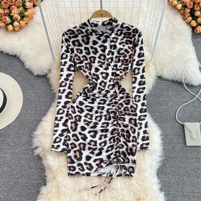 Sophisticated Ruched Leopard Print Bodycon Mini Dress with Elegant Stand Collar - Foamlina Luxe Collection