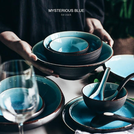 Stunning Blue Ice Cracking Glaze Ceramic Dinnerware - Set of 4 Plates - Très Elite