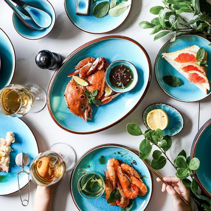 Stunning Blue Ice Cracking Glaze Ceramic Dinnerware - Set of 4 Plates - Très Elite