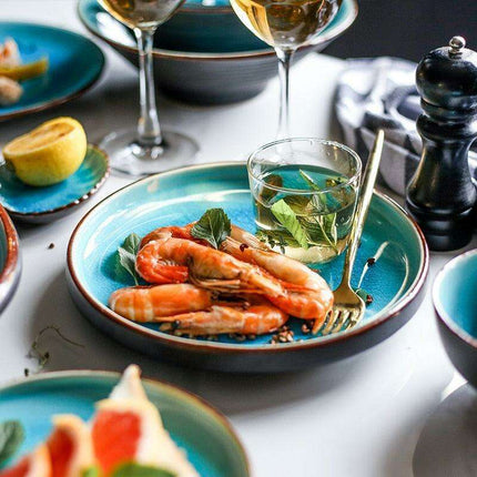 Stunning Blue Ice Cracking Glaze Ceramic Dinnerware - Set of 4 Plates - Très Elite