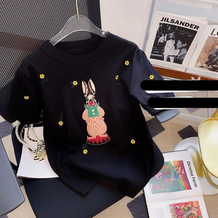 Stylish Black Anime Embroidered Short Sleeve Knit Tee for Women - Très Elite