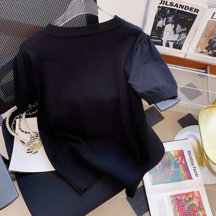 Stylish Black Anime Embroidered Short Sleeve Knit Tee for Women - Très Elite