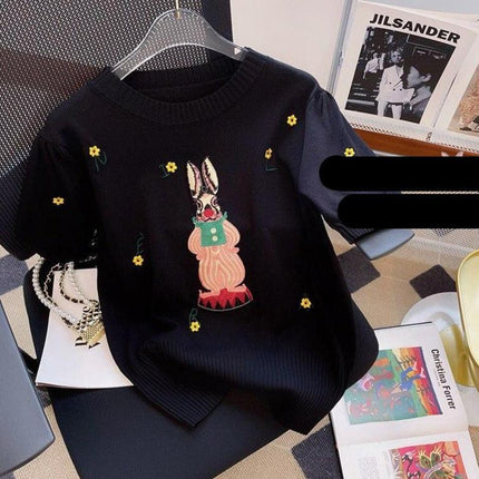 Stylish Black Anime Embroidered Short Sleeve Knit Tee for Women - Très Elite