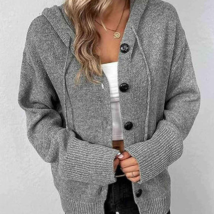 Stylish Button-Up Cozy Hooded Cardigan with Adjustable Drawstring - Très Elite