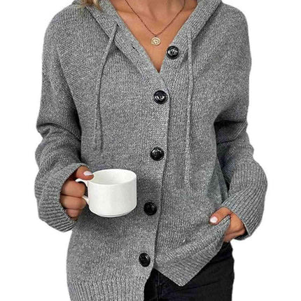 Stylish Button-Up Cozy Hooded Cardigan with Adjustable Drawstring - Très Elite