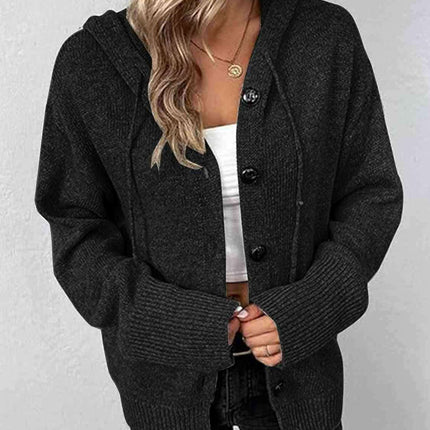 Stylish Button-Up Cozy Hooded Cardigan with Adjustable Drawstring - Très Elite