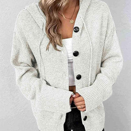 Stylish Button-Up Cozy Hooded Cardigan with Adjustable Drawstring