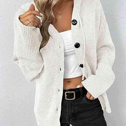 Stylish Button-Up Cozy Hooded Cardigan with Adjustable Drawstring - Très Elite