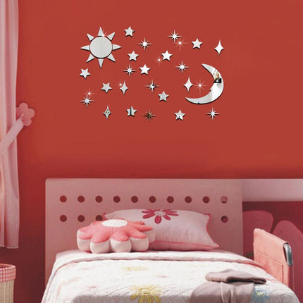 Stylish Celestial Sun, Moon, and Star Acrylic Mirror Wall Decor - 32-Piece Set