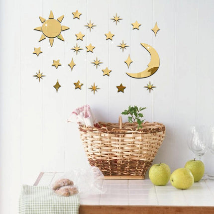 Stylish Celestial Sun, Moon, and Star Acrylic Mirror Wall Decor - 32-Piece Set