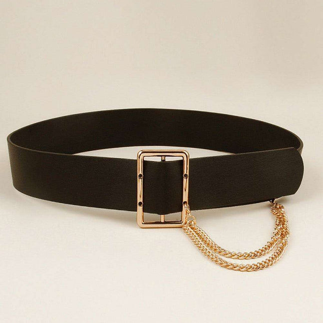 Stylish Chain-Detail Wide PU Leather Waist Belt