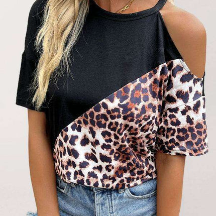 Stylish Cold-Shoulder Cheetah Print Velour Blouse with Trendy Color Block Accents for Women