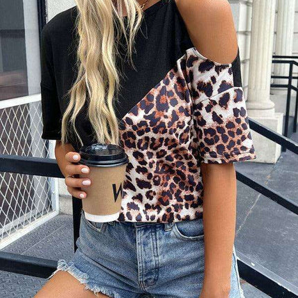 Stylish Cold-Shoulder Cheetah Print Velour Blouse with Trendy Color Block Accents for Women