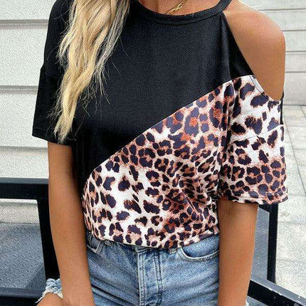 Stylish Cold-Shoulder Cheetah Print Velour Blouse with Trendy Color Block Accents for Women
