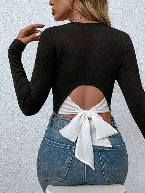 Stylish Color-Blocked Open Waist Knit Top - Essential for Women's Wardrobe