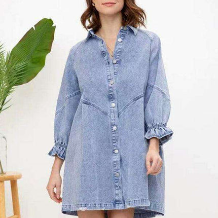 Stylish Denim Dress with Modern Balloon Sleeves - A Wardrobe Essential