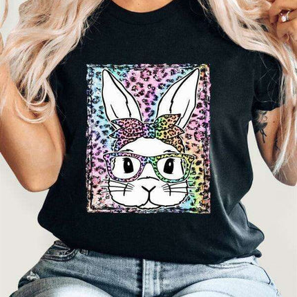 Stylish Leopard and Bunny Print Short Sleeve Tee for Effortless Chic