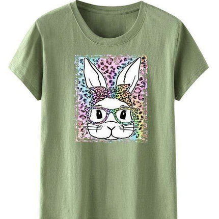 Stylish Leopard and Bunny Print Short Sleeve Tee for Effortless Chic