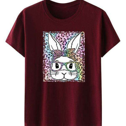 Stylish Leopard and Bunny Print Short Sleeve Tee for Effortless Chic