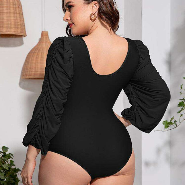 Stylish Plus Size One-Piece Swimsuit with Plunge Neckline and Balloon Sleeves