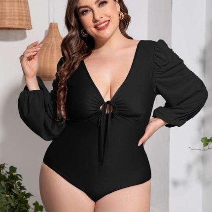 Stylish Plus Size One-Piece Swimsuit with Plunge Neckline and Balloon Sleeves - Très Elite