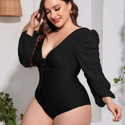 Stylish Plus Size One-Piece Swimsuit with Plunge Neckline and Balloon Sleeves - Très Elite