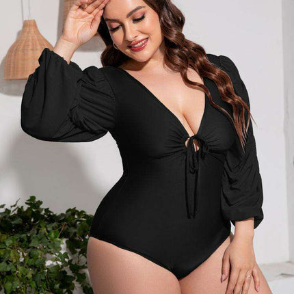 Stylish Plus Size One-Piece Swimsuit with Plunge Neckline and Balloon Sleeves - Très Elite