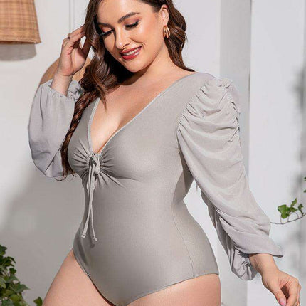 Stylish Plus Size One-Piece Swimsuit with Plunge Neckline and Balloon Sleeves - Très Elite