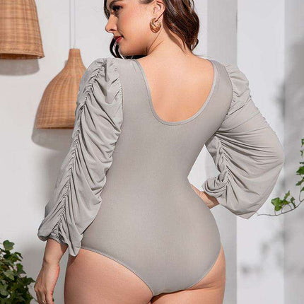 Stylish Plus Size One-Piece Swimsuit with Plunge Neckline and Balloon Sleeves - Très Elite