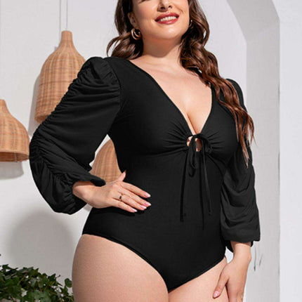 Stylish Plus Size One-Piece Swimsuit with Plunge Neckline and Balloon Sleeves - Très Elite