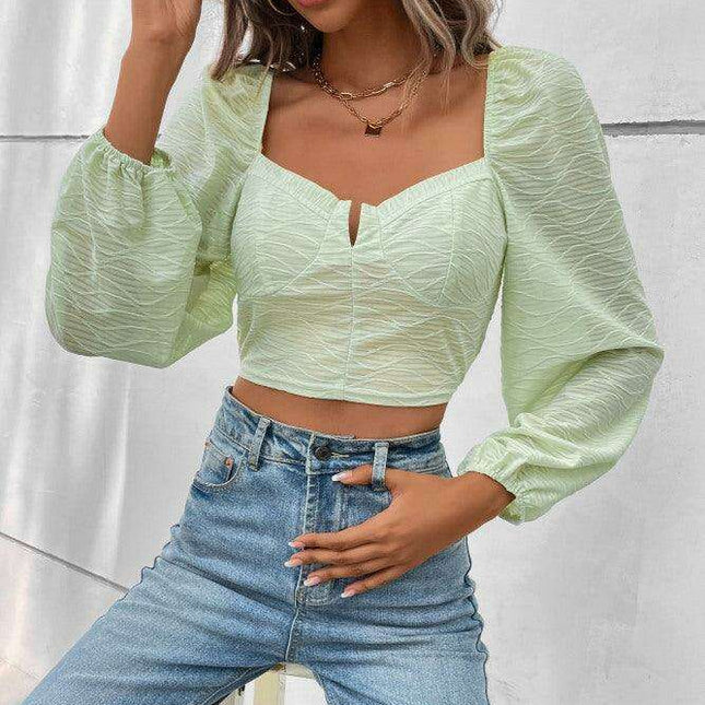 Stylish Square Neck Bubble Sleeve Top - Essential for Autumn-Winter Wardrobe