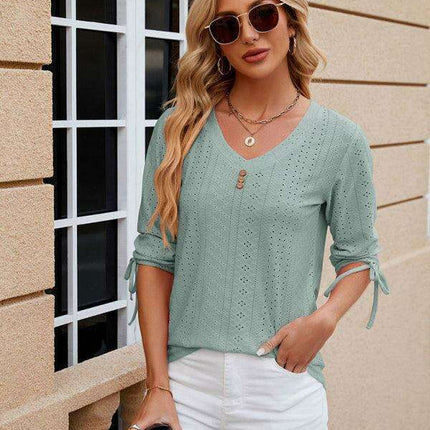 Stylish V-neck Drawstring Tee with Button Details and Three-Quarter Sleeves for Everyday Elegance