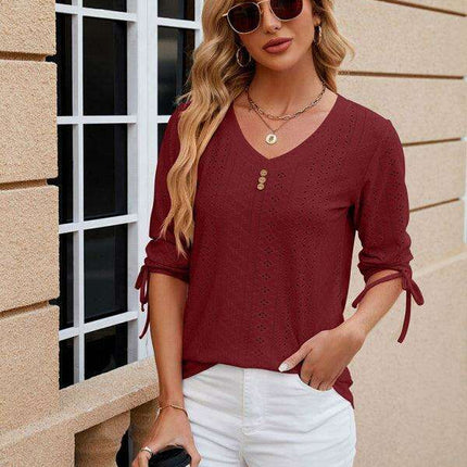 Stylish V-neck Drawstring Tee with Button Details and Three-Quarter Sleeves for Everyday Elegance