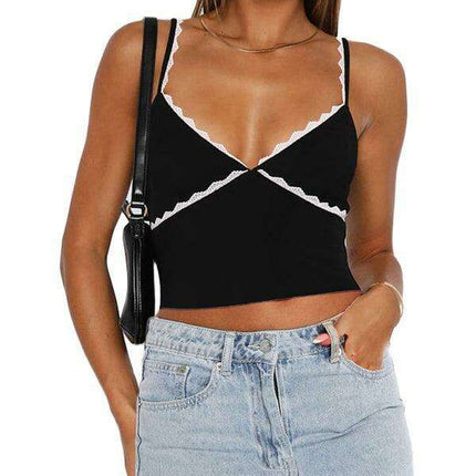 Sultry Lace V-Neck Camisole with Suspender Detail: Elevate Your Style