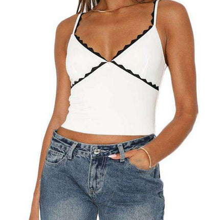 Sultry Lace V-Neck Camisole with Suspender Detail: Elevate Your Style