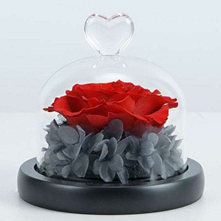Timeless Romance: Enchanted Heart-Shaped LED Glass Dome with Forever Blooming Rose Arrangement - Très Elite