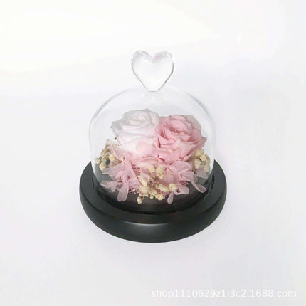 Timeless Romance: Enchanted Heart-Shaped LED Glass Dome with Forever Blooming Rose Arrangement - Très Elite